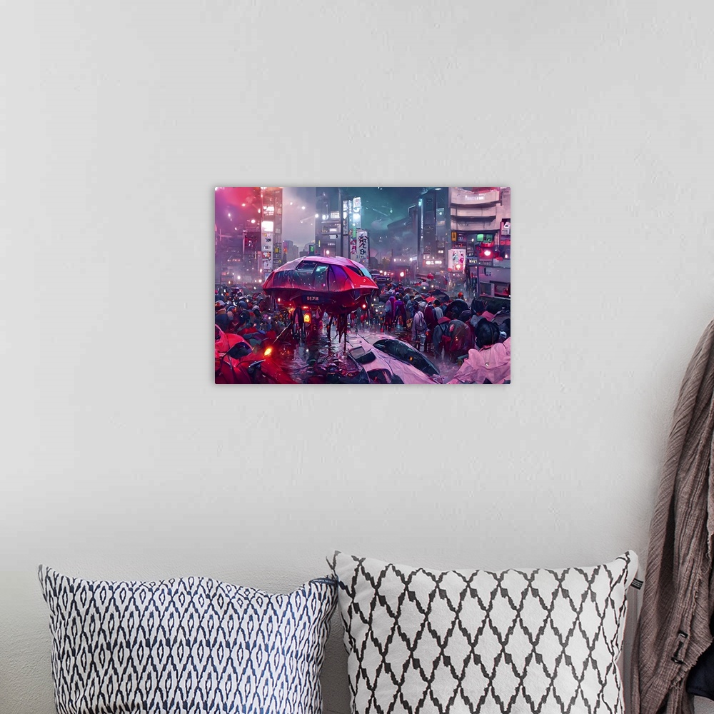A bohemian room featuring Abstract city street, spaceship scene.