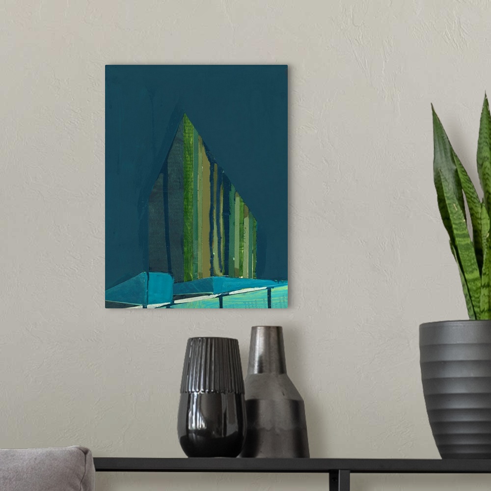 A modern room featuring Abstract cityscape collage using vintage cut paper and oil paint.