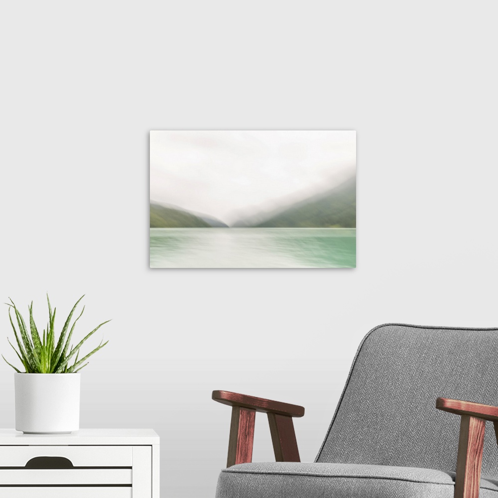 A modern room featuring An impressionist photograph of Cheakamus Lake in Garibaldi Provincial Park, British Columbia, Can...