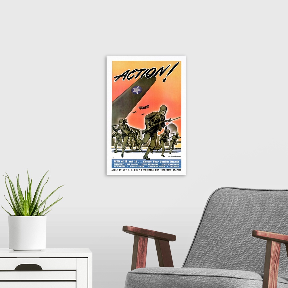 A modern room featuring ca. 1944 --- Action! Army Recruitment Poster --- Image by .. K.J. Historical/CORBIS