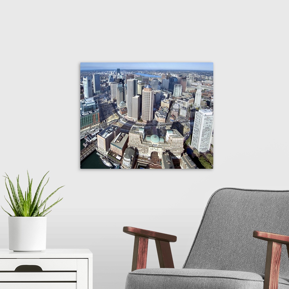 A modern room featuring Aerial of downtown in the morning, Boston, MA