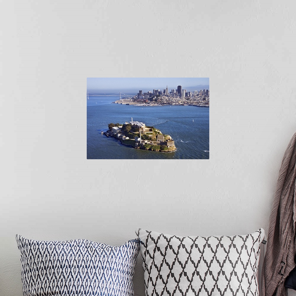 A bohemian room featuring Photograph taken from high above Alcatraz on a sunny day with the city skyline and bridge in the ...
