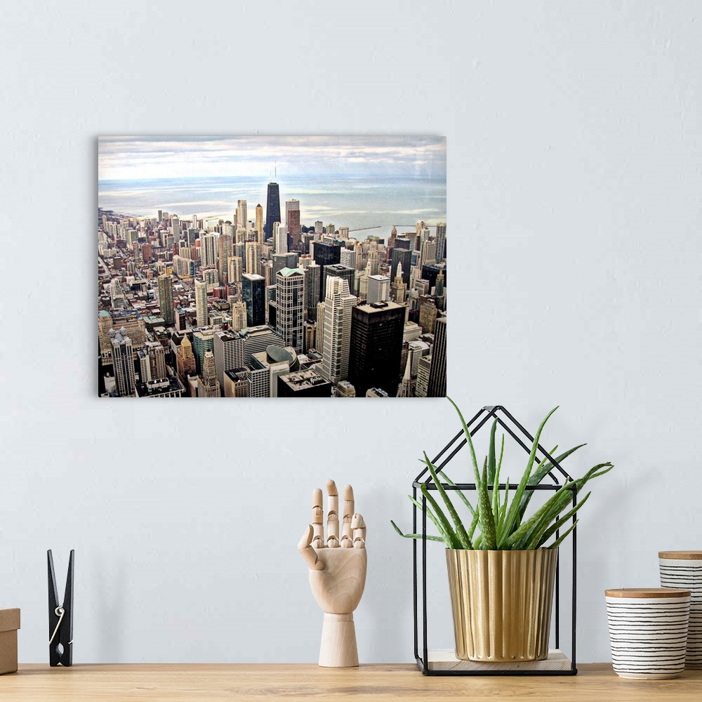 A bohemian room featuring Aerial view of Chicago downtown