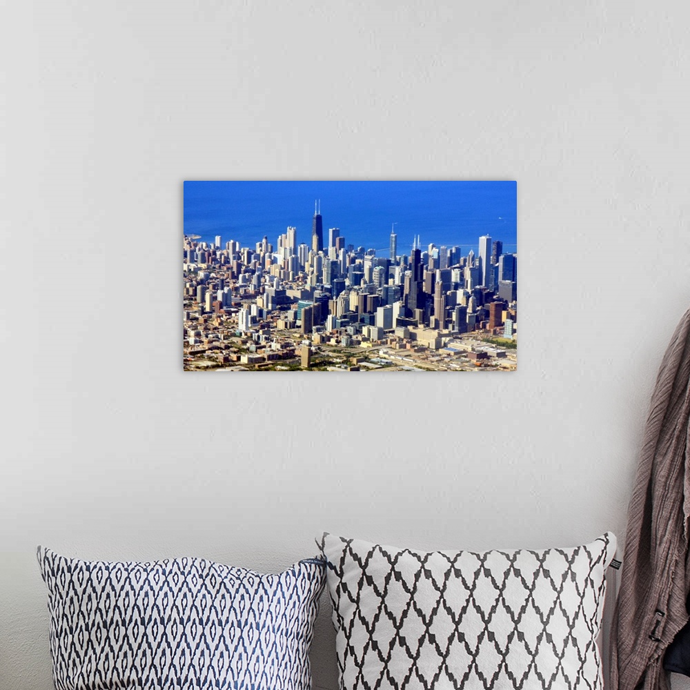 A bohemian room featuring Aerial view of Chicago Downtown with Lake Michigan in background.