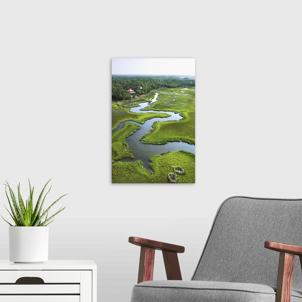 A modern room featuring Aerial view of coastal wetland, Bald Head Island, North Carolina