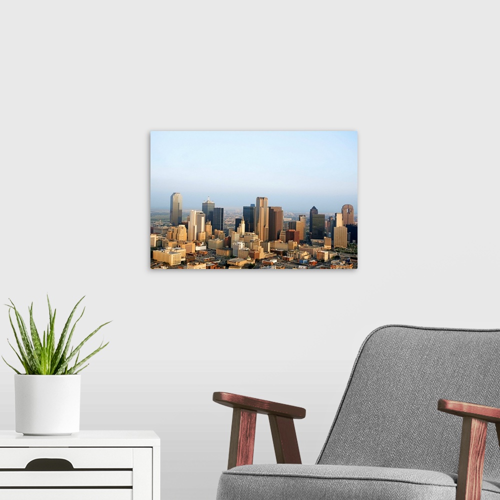 A modern room featuring Aerial view of downtown Dallas, Texas