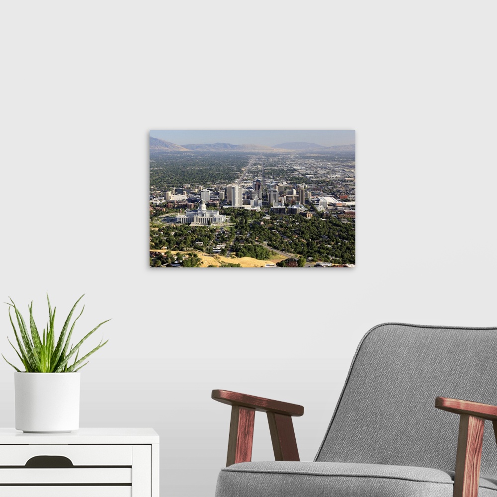 A modern room featuring Aerial view of downtown Salt Lake City, Utah