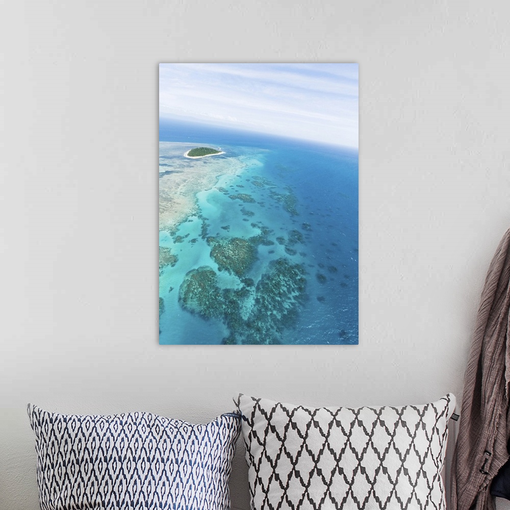 A bohemian room featuring Clear blue tropical water, Green Island and Great Barrier Reef from above by helicopter