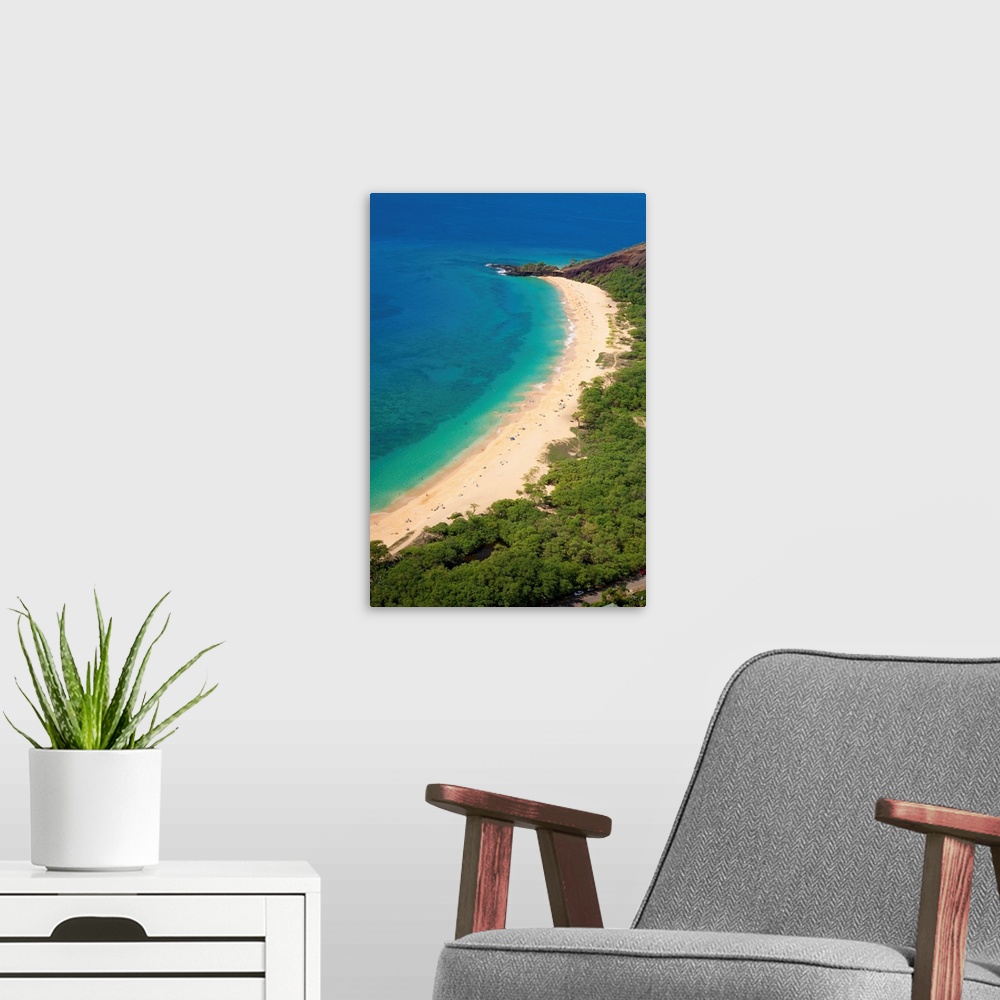 A modern room featuring Aerial view of Big Beach, also known as Makena Beach or by it's Hawaiian name , Oneloa Beach. It ...