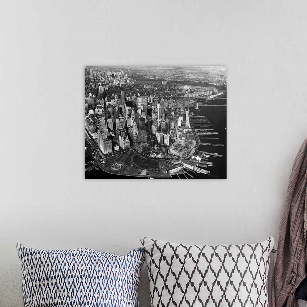 A bohemian room featuring Photo shows an aerial view of New York City's skyline.