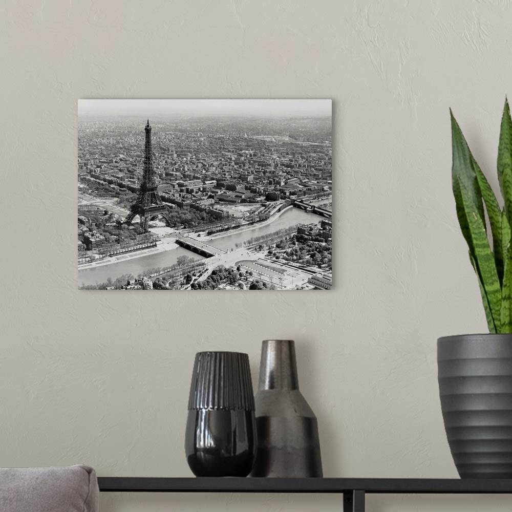 A modern room featuring Panoramic view with Seine and Eiffel Tower, Paris.