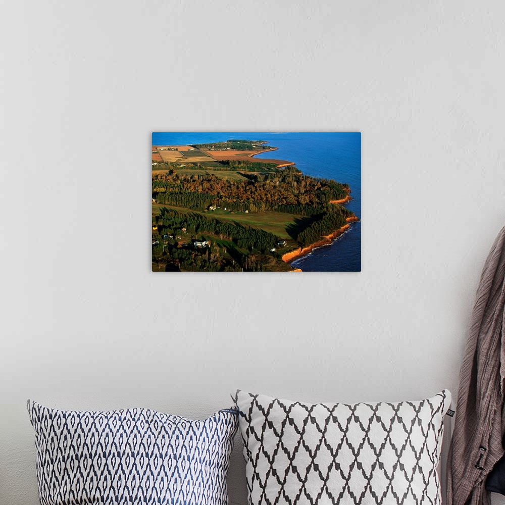 A bohemian room featuring An aerial view of western coastline of PEI on an autumn afternoon.