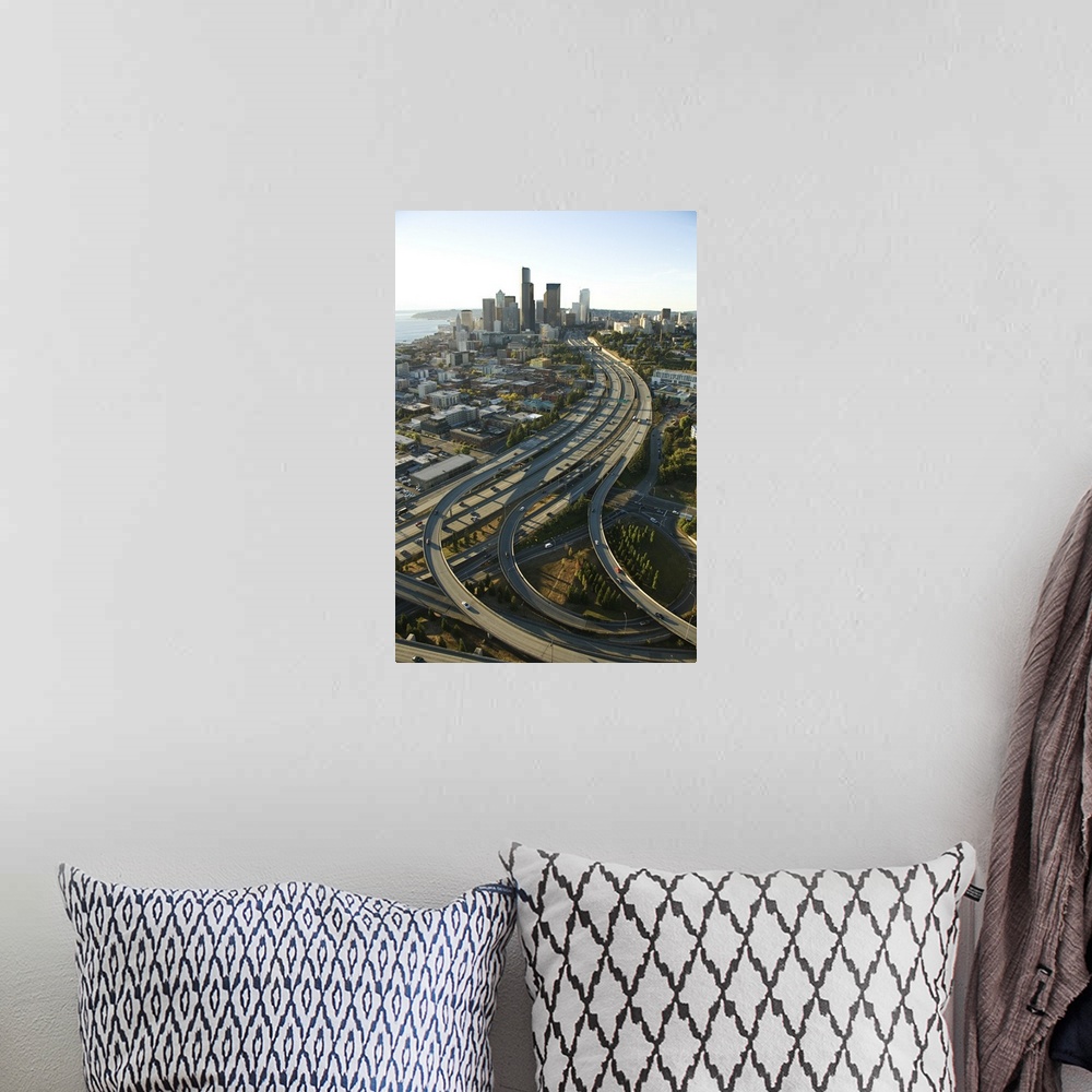 A bohemian room featuring Aerial view of Seattle freeways and downtown