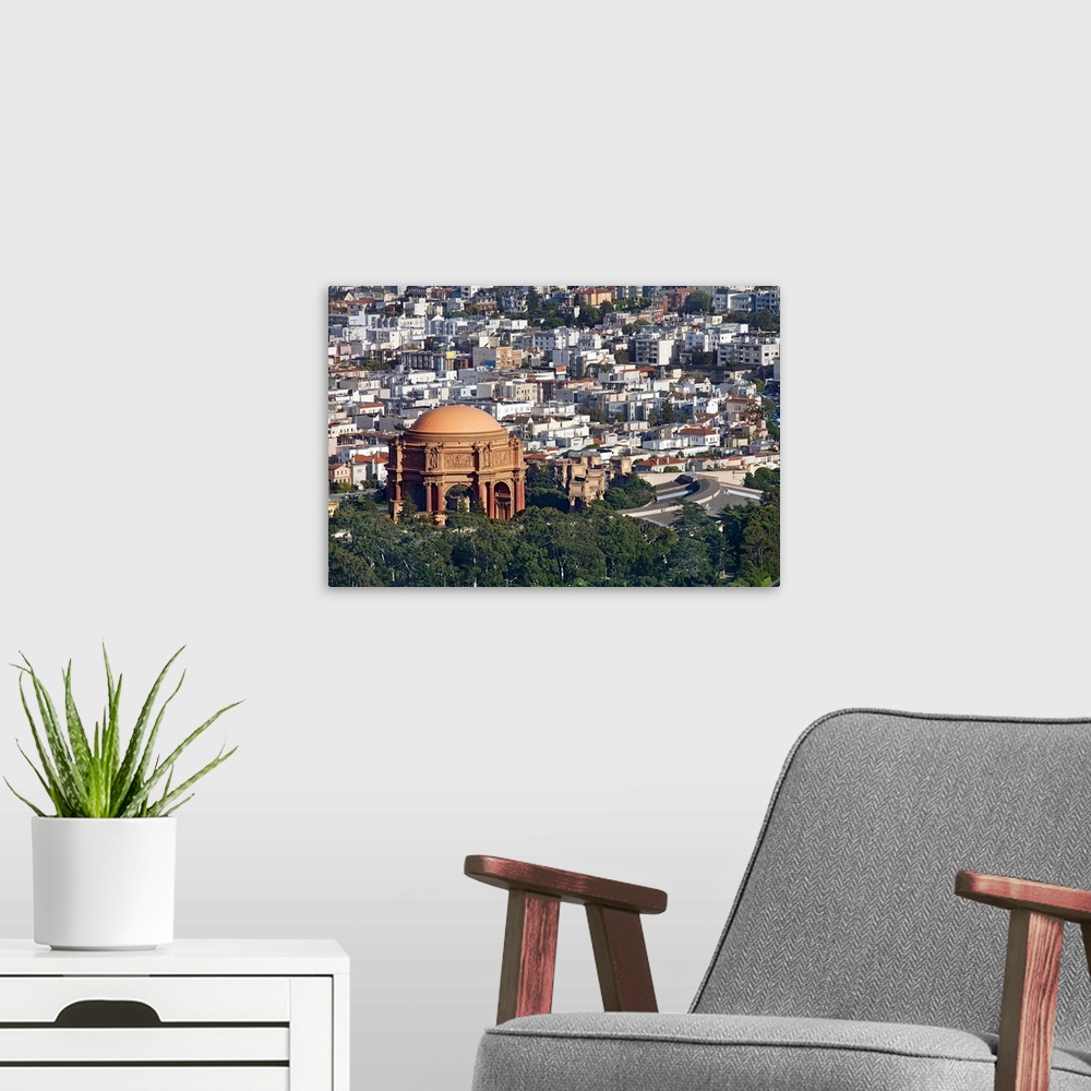 A modern room featuring Aerial view of the Palace of Fine Arts, San Francisco, California