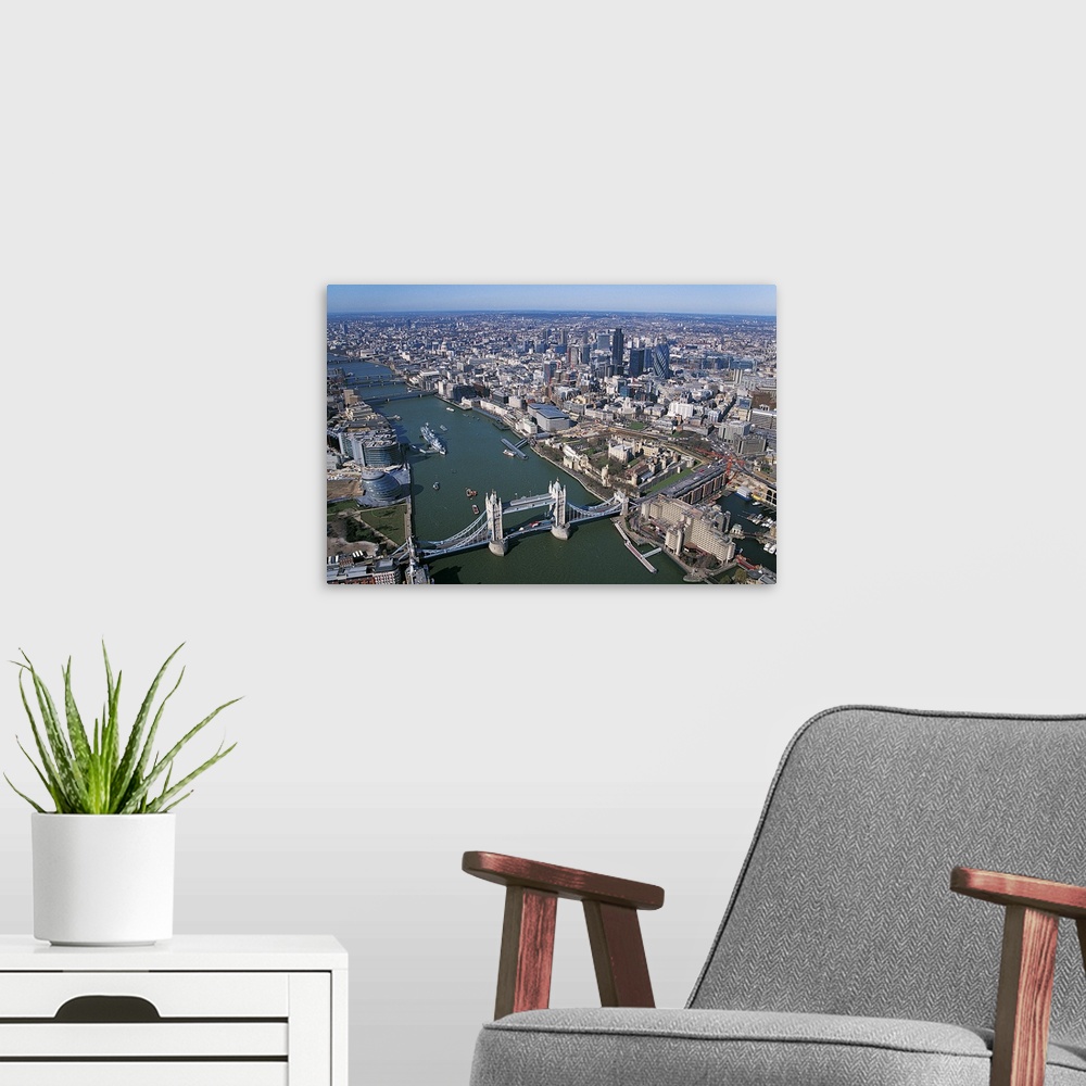 A modern room featuring Aerial View of the River Thames and the City of London, United Kingdom