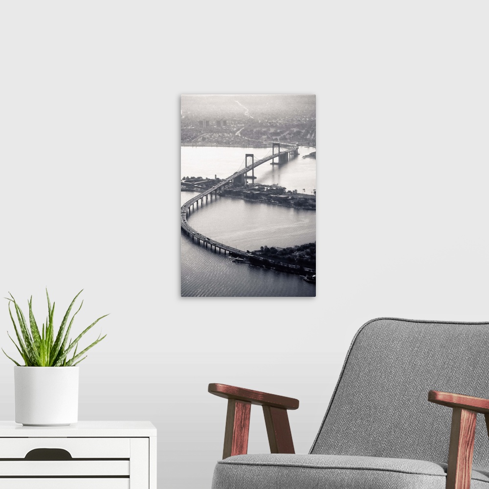 A modern room featuring Aerial view of Throgs-Neck Bridge in New York.