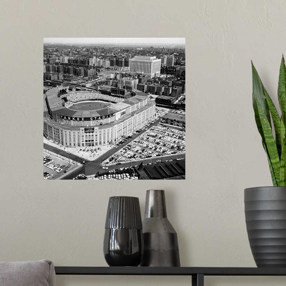 A modern room featuring 7/4/61-New York: Aerial view of Yankee Stadium, Fourth of July.