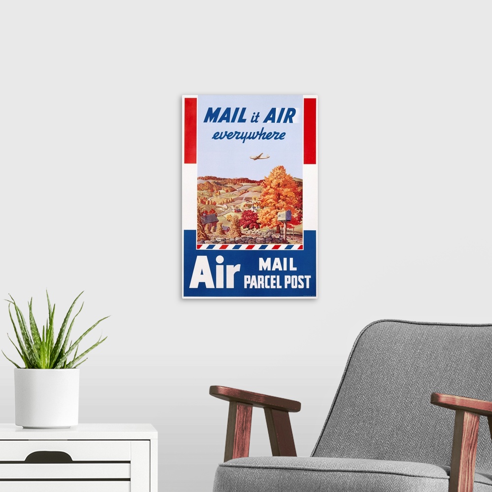 A modern room featuring Air Mail Parcel Post Poster By Melbourne Brindle