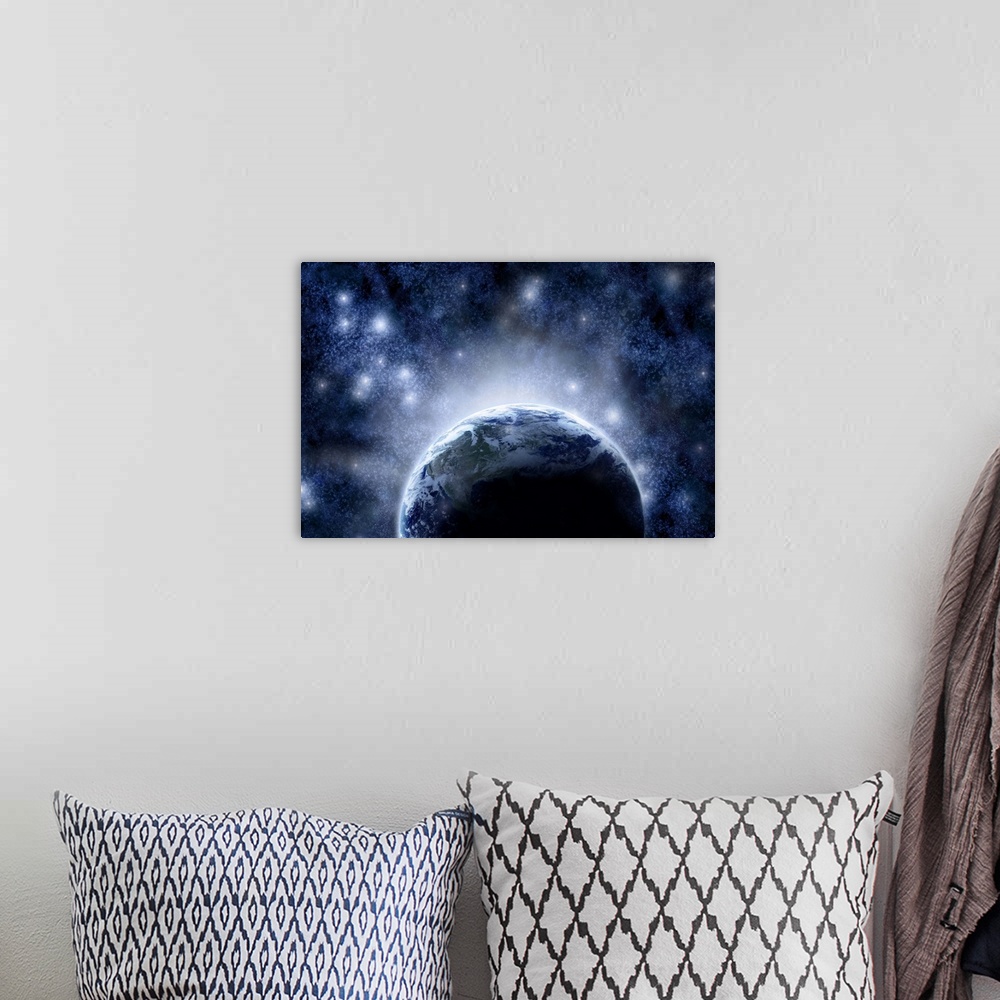 A bohemian room featuring Airbrushed night sky full of stars around planet earth