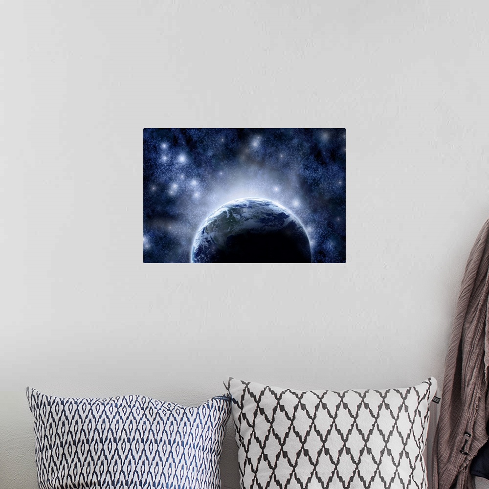A bohemian room featuring Airbrushed night sky full of stars around planet earth