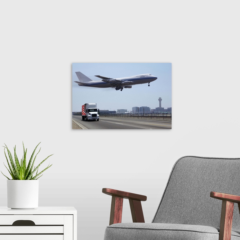 A modern room featuring Airplane at mid-air