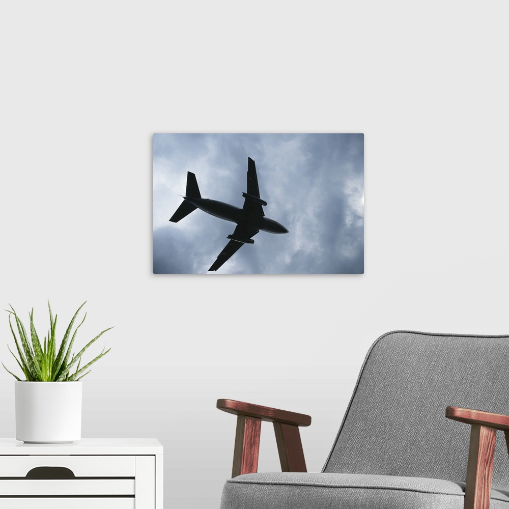 A modern room featuring Airplane in air, low angle view