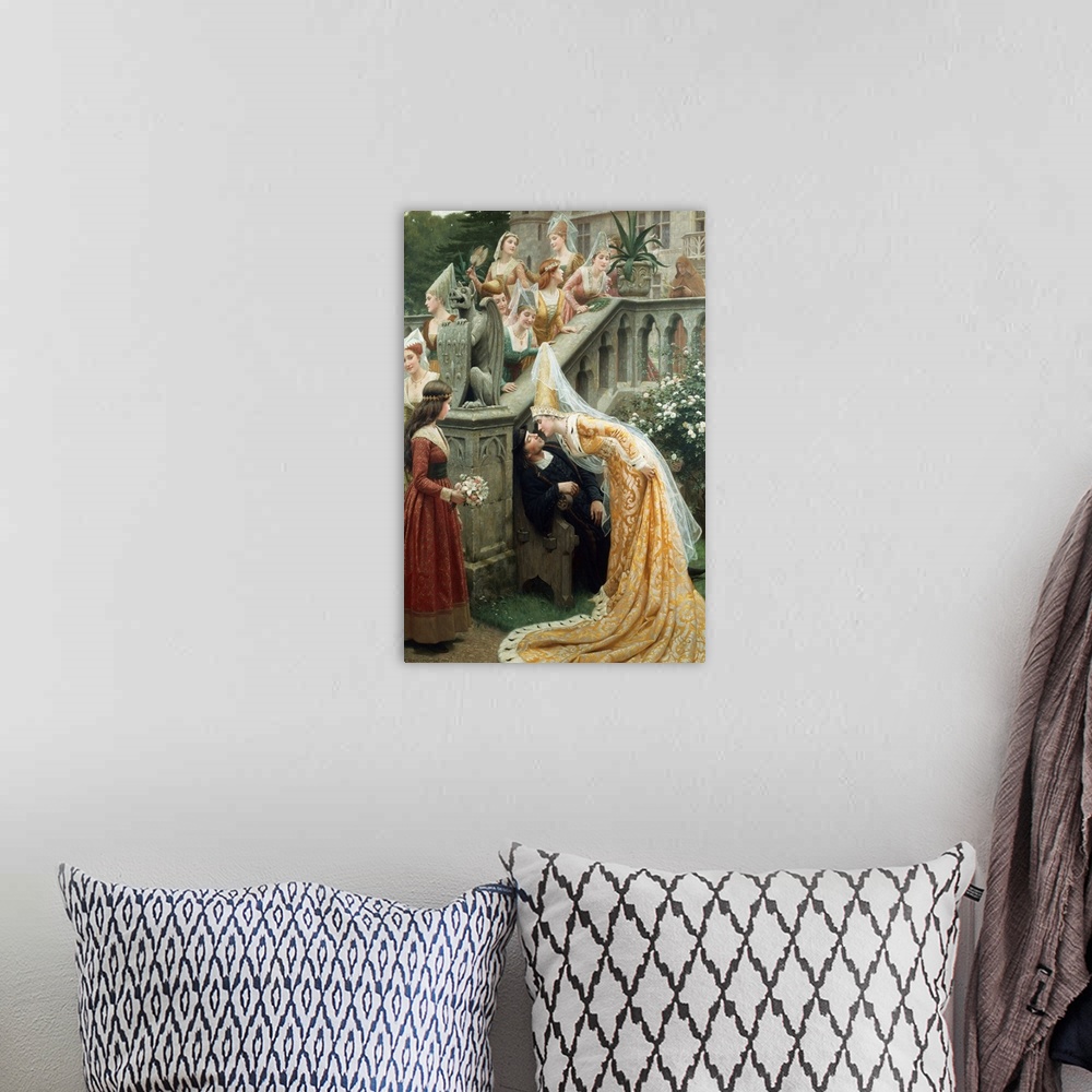 A bohemian room featuring This painting depicts the legend of Margaret of Scotland kissing French poet, Alain Chartier, whi...