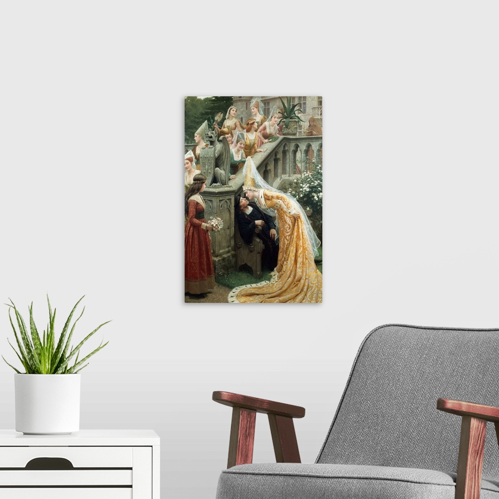 A modern room featuring This painting depicts the legend of Margaret of Scotland kissing French poet, Alain Chartier, whi...