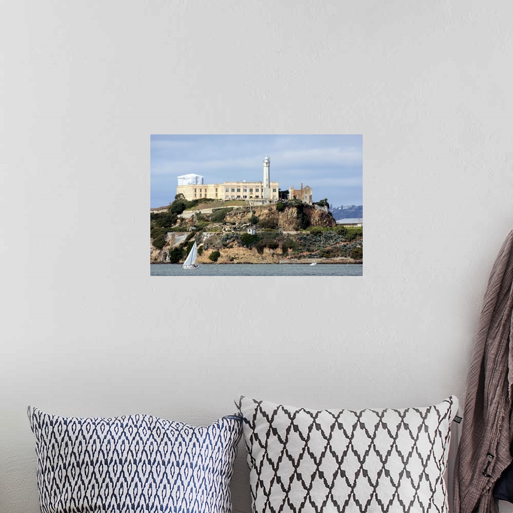 A bohemian room featuring Alcatraz Island in San Francisco Bay, California.