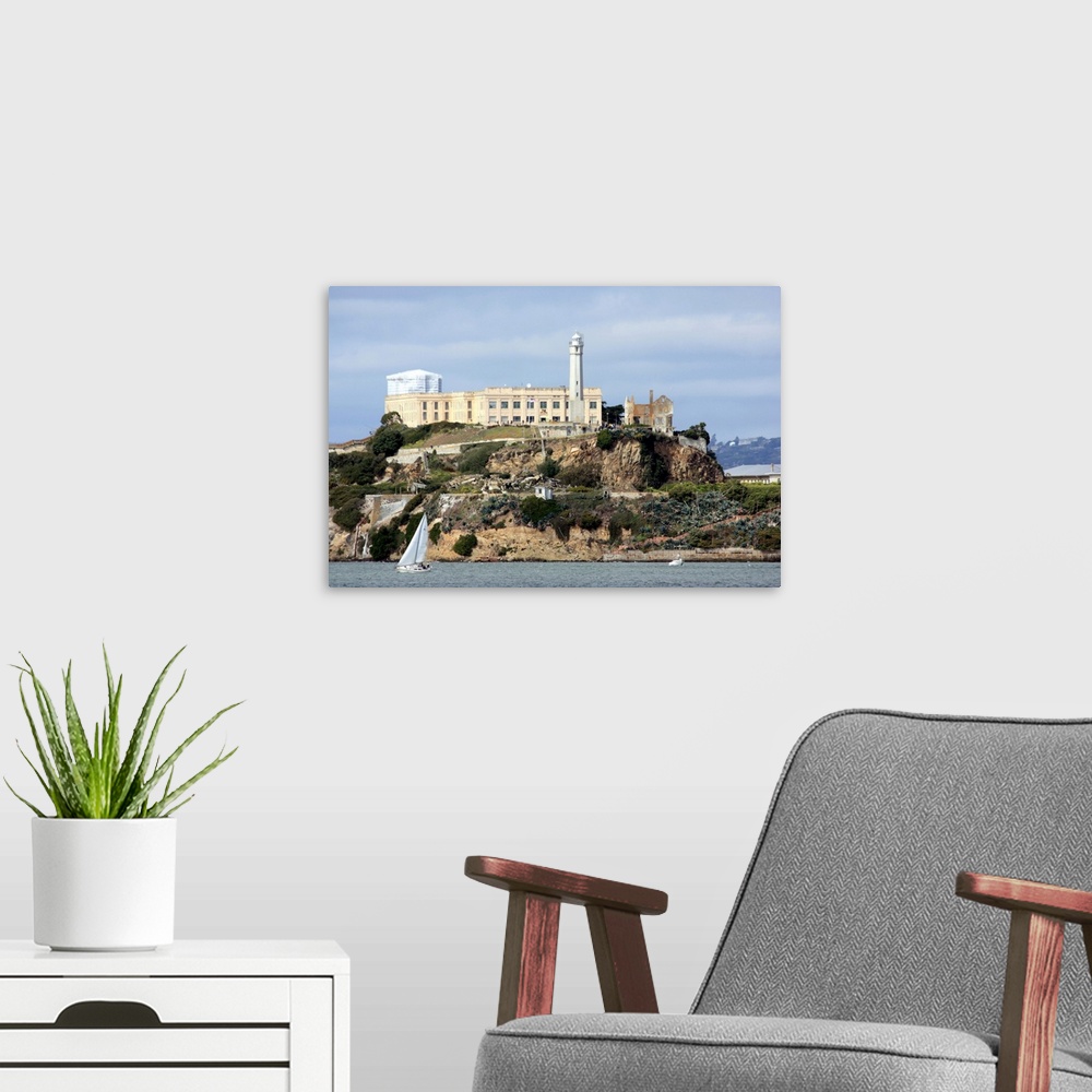 A modern room featuring Alcatraz Island in San Francisco Bay, California.