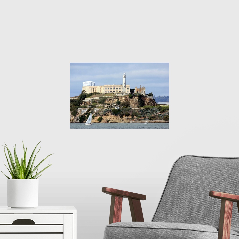 A modern room featuring Alcatraz Island in San Francisco Bay, California.