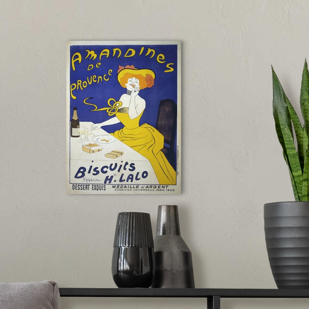 A modern room featuring Amandines de Provence. Biscuits H. Lalo. Poster for almond cookies, circa 1900, 140 x 100 cm.