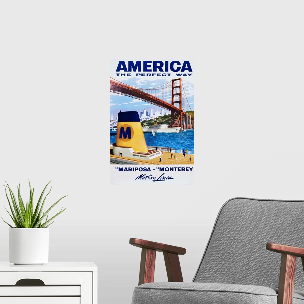 A modern room featuring America: The Perfect Way Travel Poster