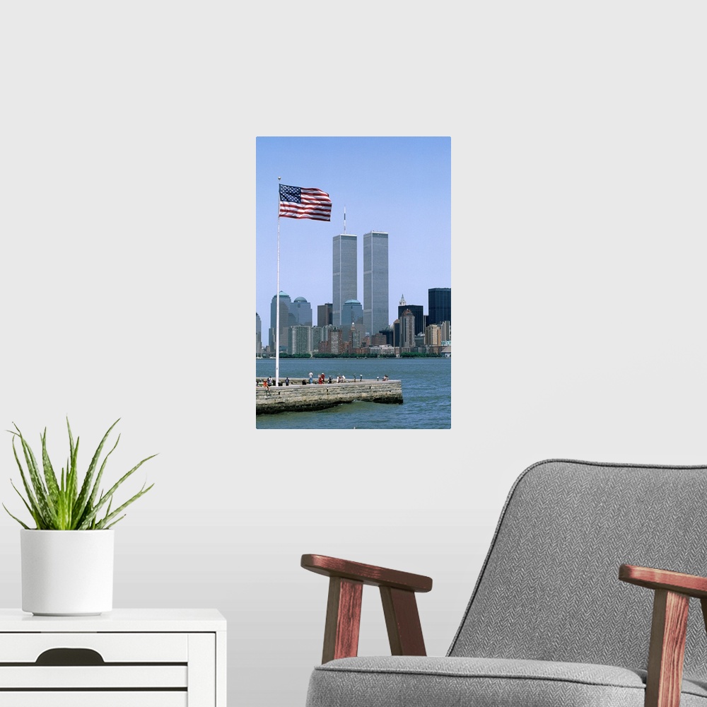 A modern room featuring American flag and World Trade Center
