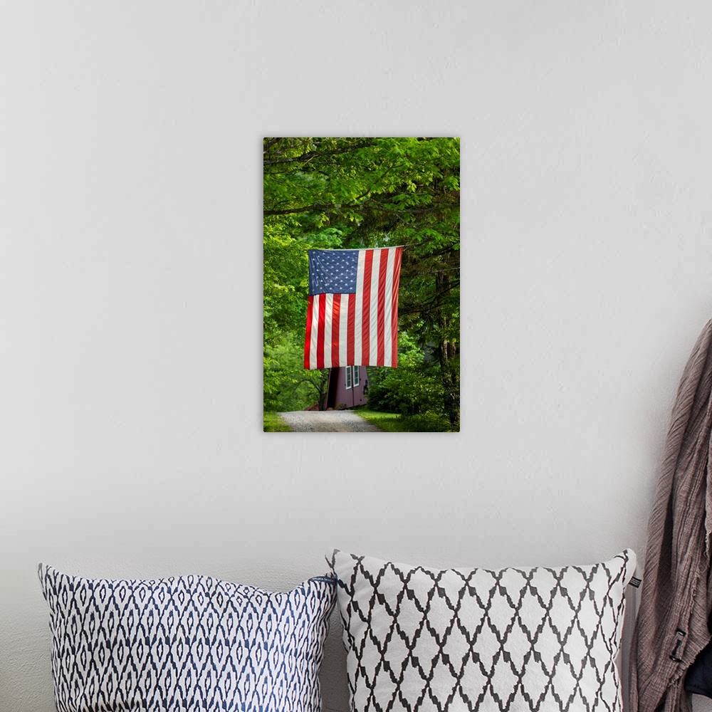 A bohemian room featuring An American flag hangs from trees on a spring evening. | Location: Searsburg, Vermont, USA.