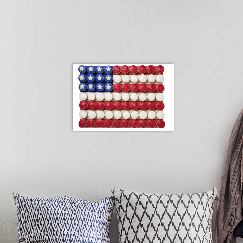 A bohemian room featuring American flag made of cupcakes