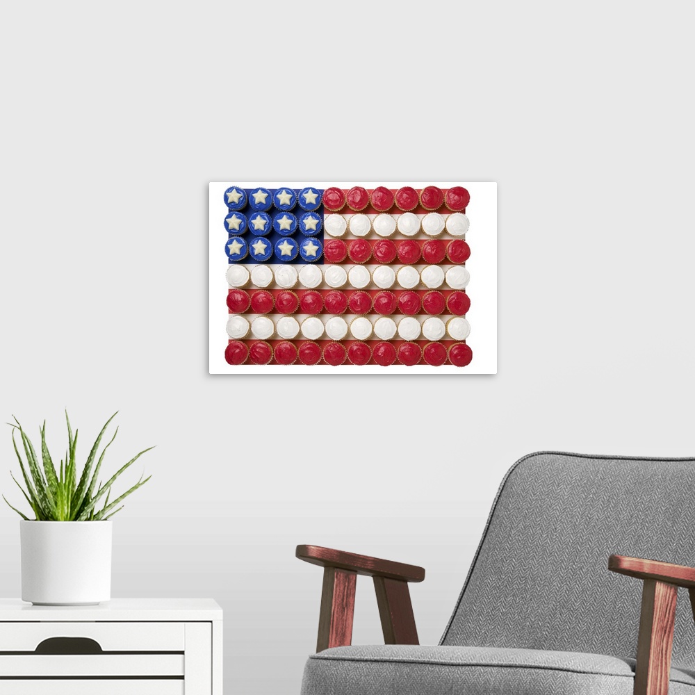 A modern room featuring American flag made of cupcakes