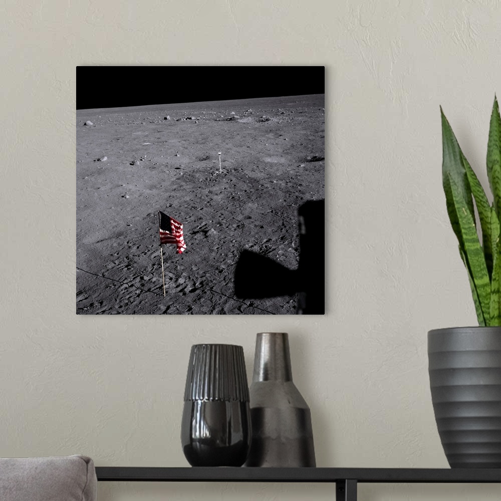 A modern room featuring The American flag at Tranquility Base on the Moon, planted by the Apollo 11 astronauts.