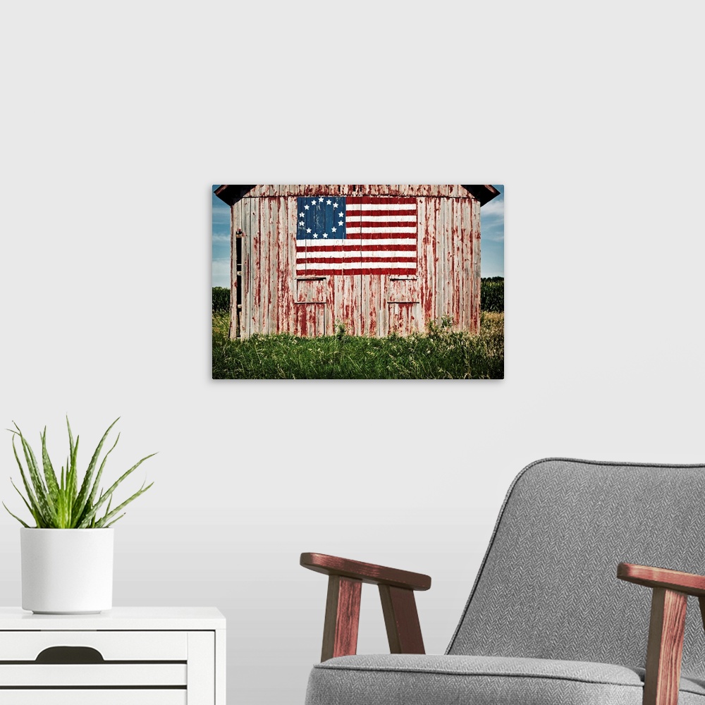 A modern room featuring American Flag Painted On Barn