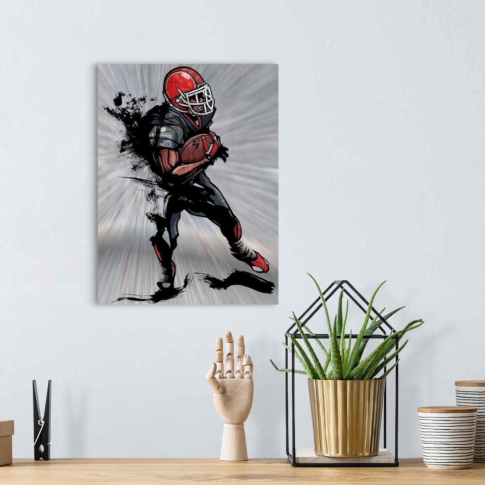 A bohemian room featuring American football player holding football