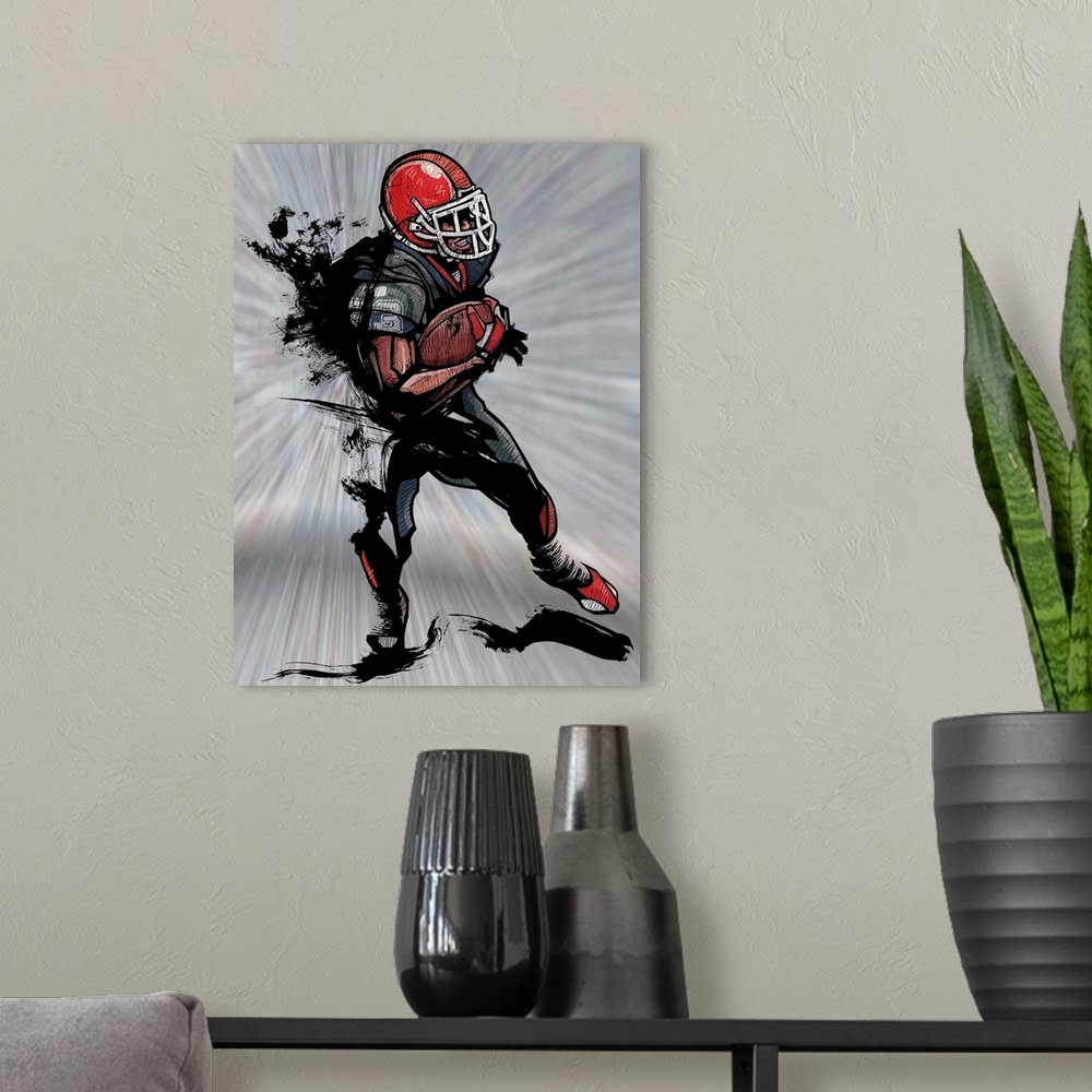 A modern room featuring American football player holding football