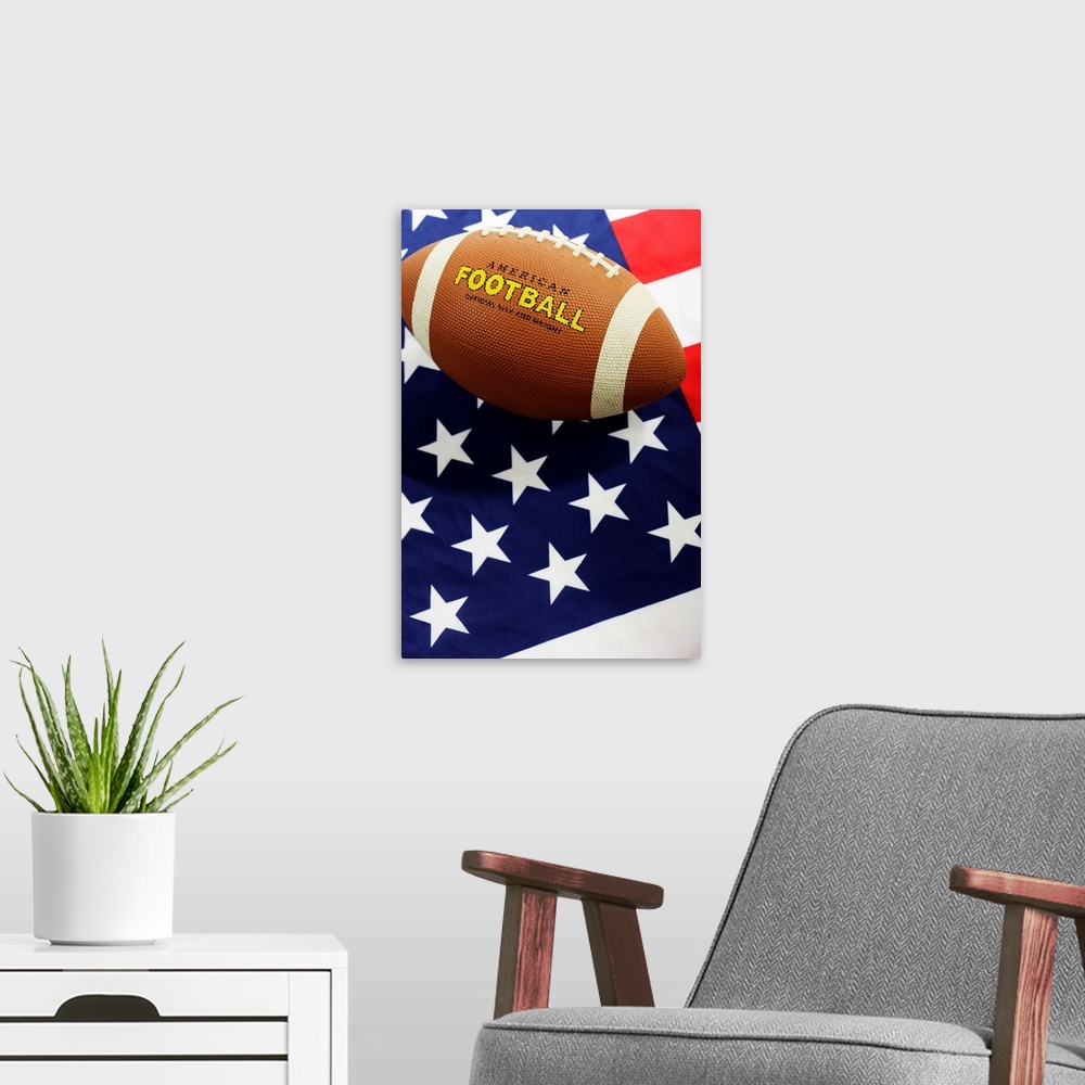 A modern room featuring American football with the US flag
