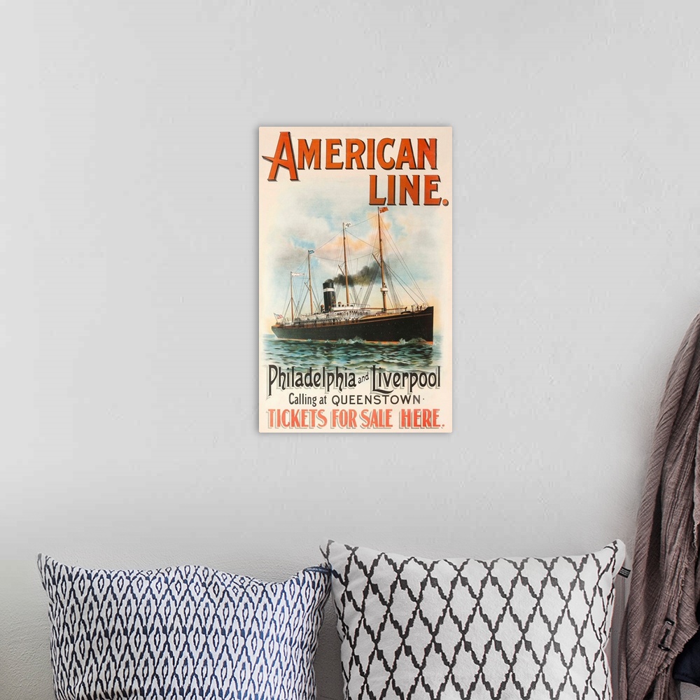 A bohemian room featuring Early steamship sailing in calm waters promotes travel between Europe and North America.