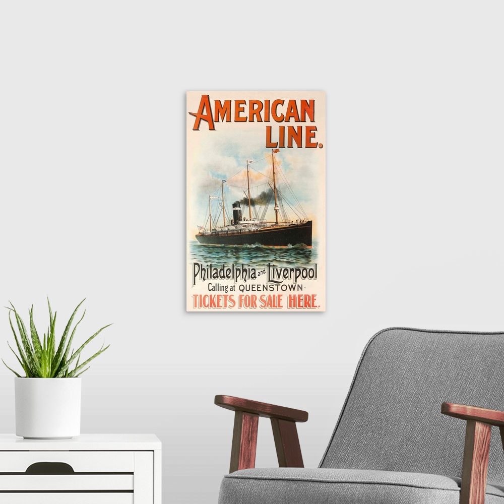 A modern room featuring Early steamship sailing in calm waters promotes travel between Europe and North America.
