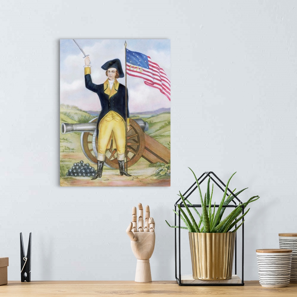 A bohemian room featuring A Currier and Ives lithograph features an American revolutionary officer or soldier holding up hi...