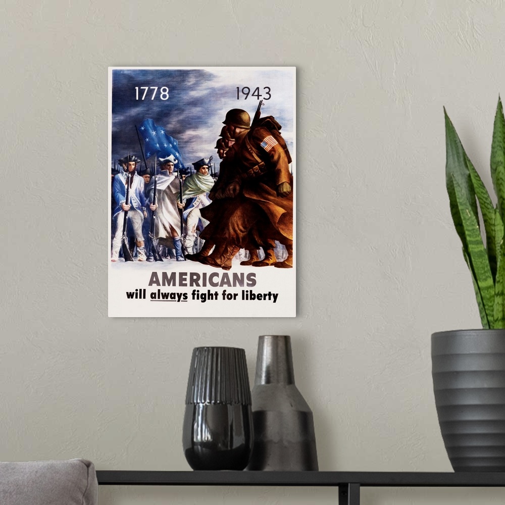 A modern room featuring Americans Will Always Fight For Liberty Poster By Bernard Perlin