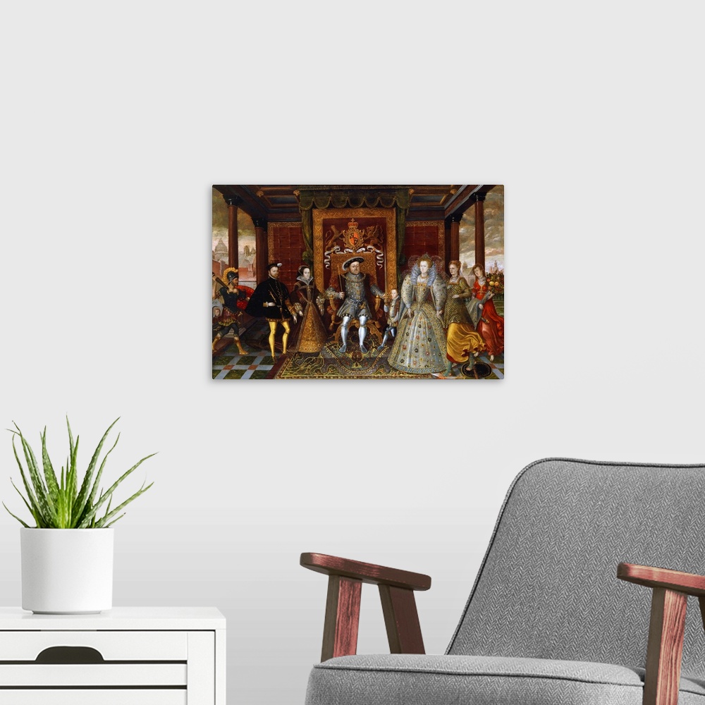 A modern room featuring Unknown, An Allegory of the Tudor Succession: The Family of Henry VIII, c. 1590, oil on panel, 11...