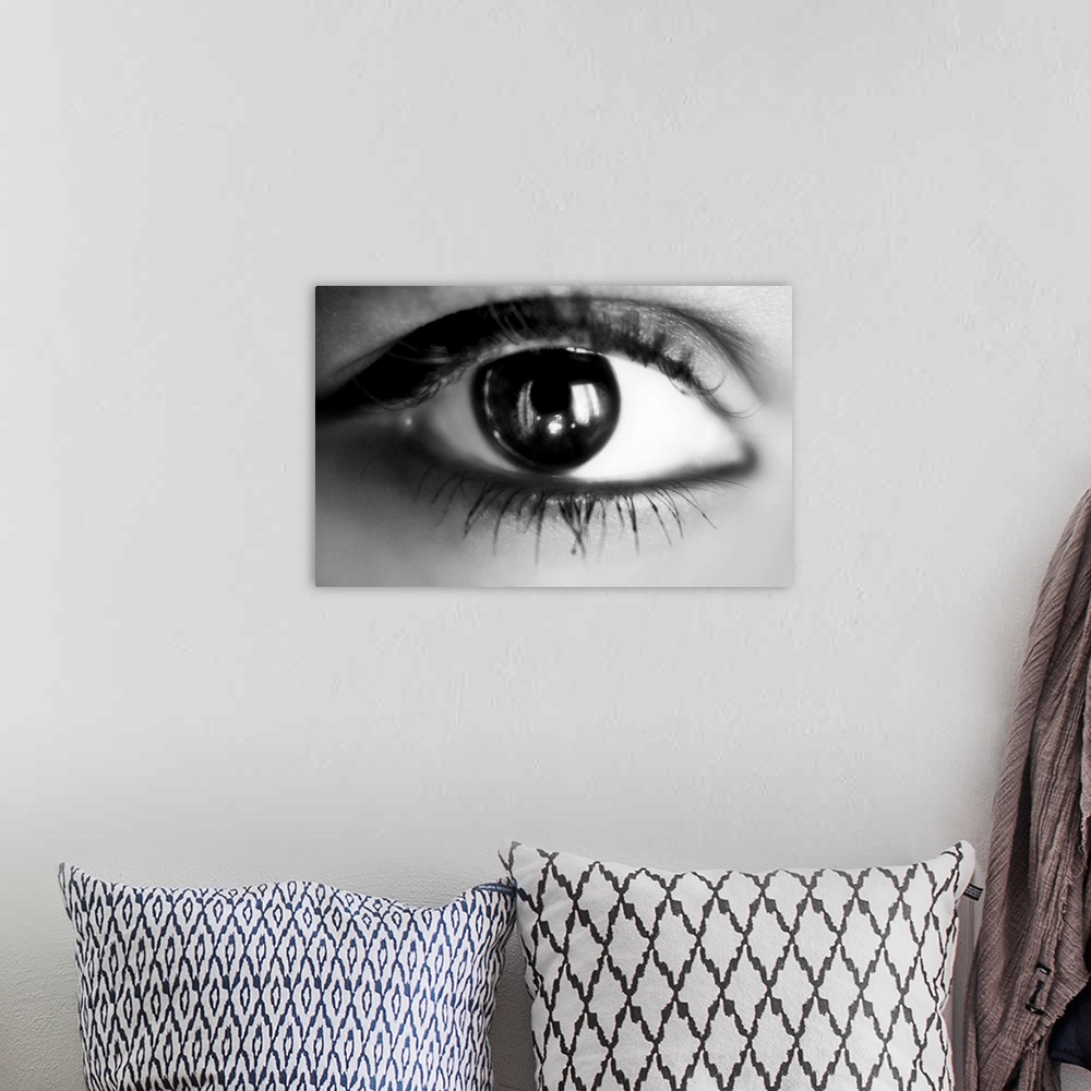 A bohemian room featuring macro eye girl in black and white.