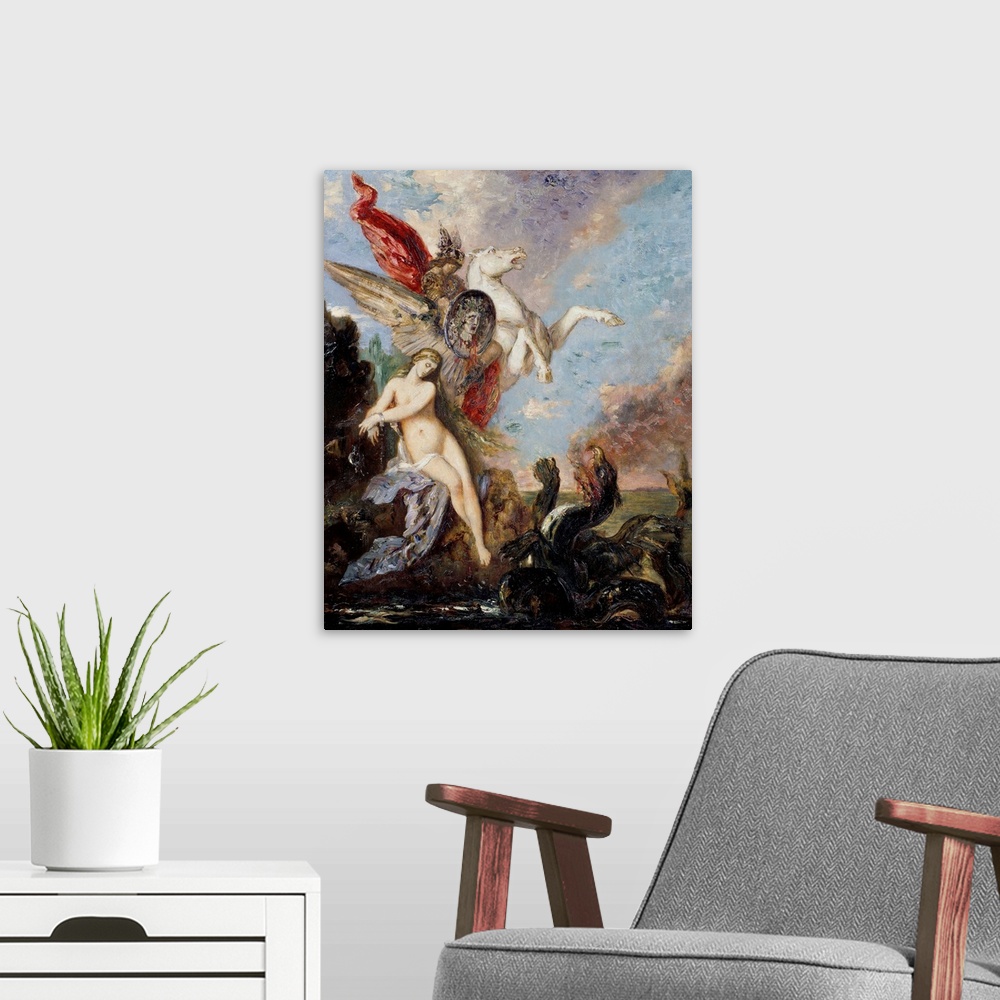 A modern room featuring Andromeda chained to a rock rescued by Perseus. Painting by Gustave Moreau (1826-1898), 1870. Gus...