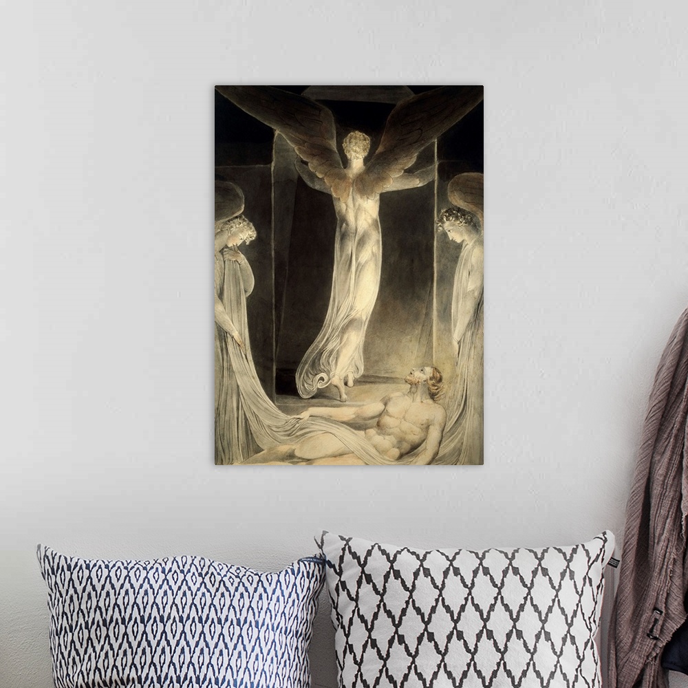 A bohemian room featuring Angels Rolling Away The Stone From The Sepulchre By William Blake